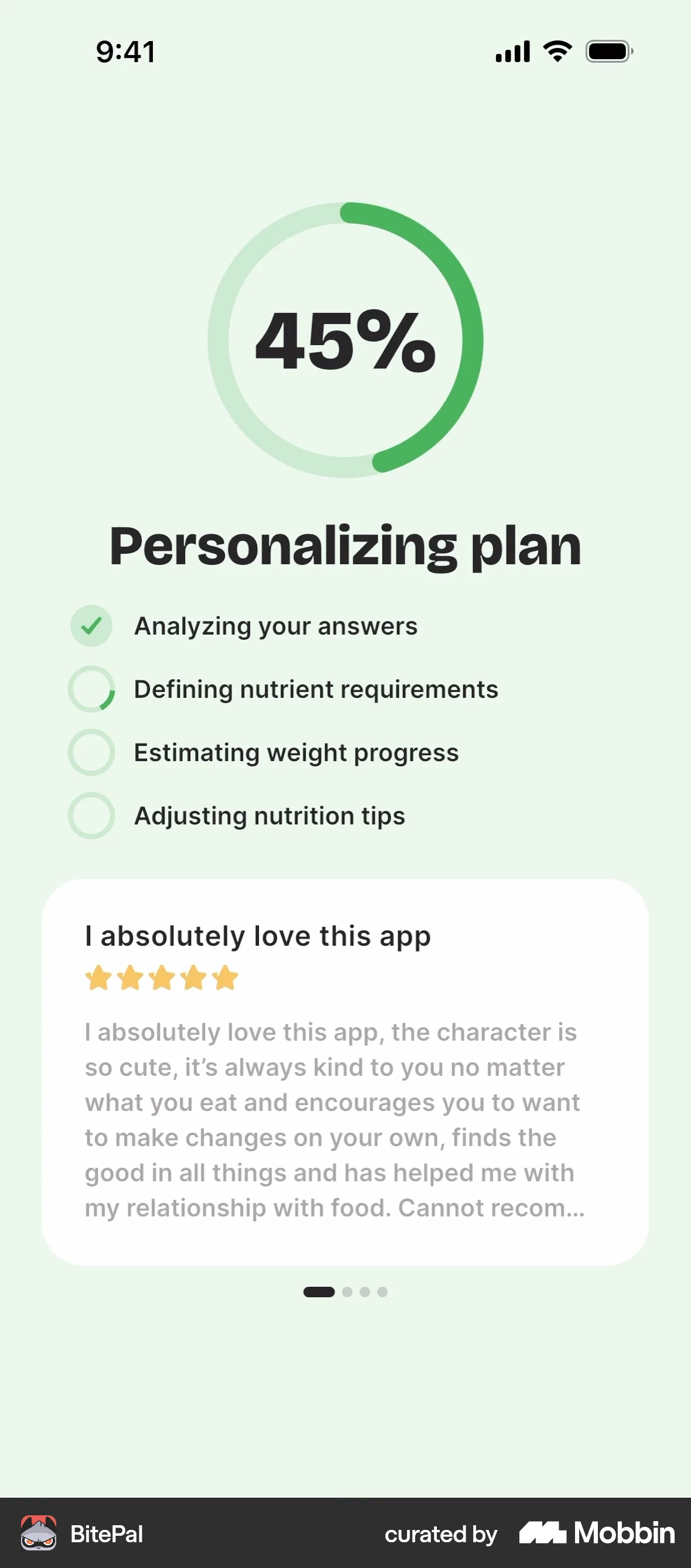 BitePal: 'Personalizing plan' loader with a checklist and a review card.