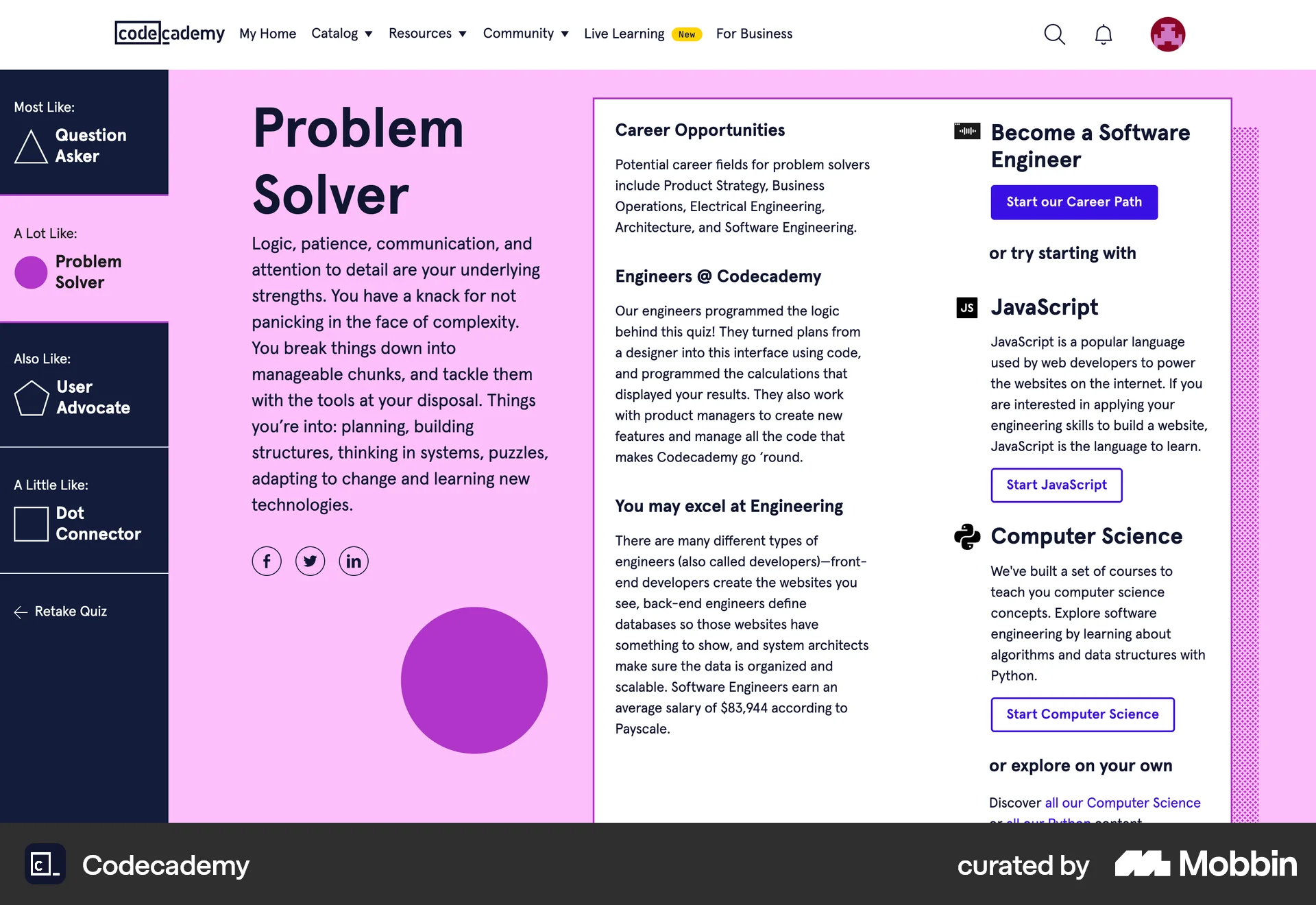 Codecademy: Career-quiz result: your type, career fields, average salary, and a 'Start our career path' CTA.