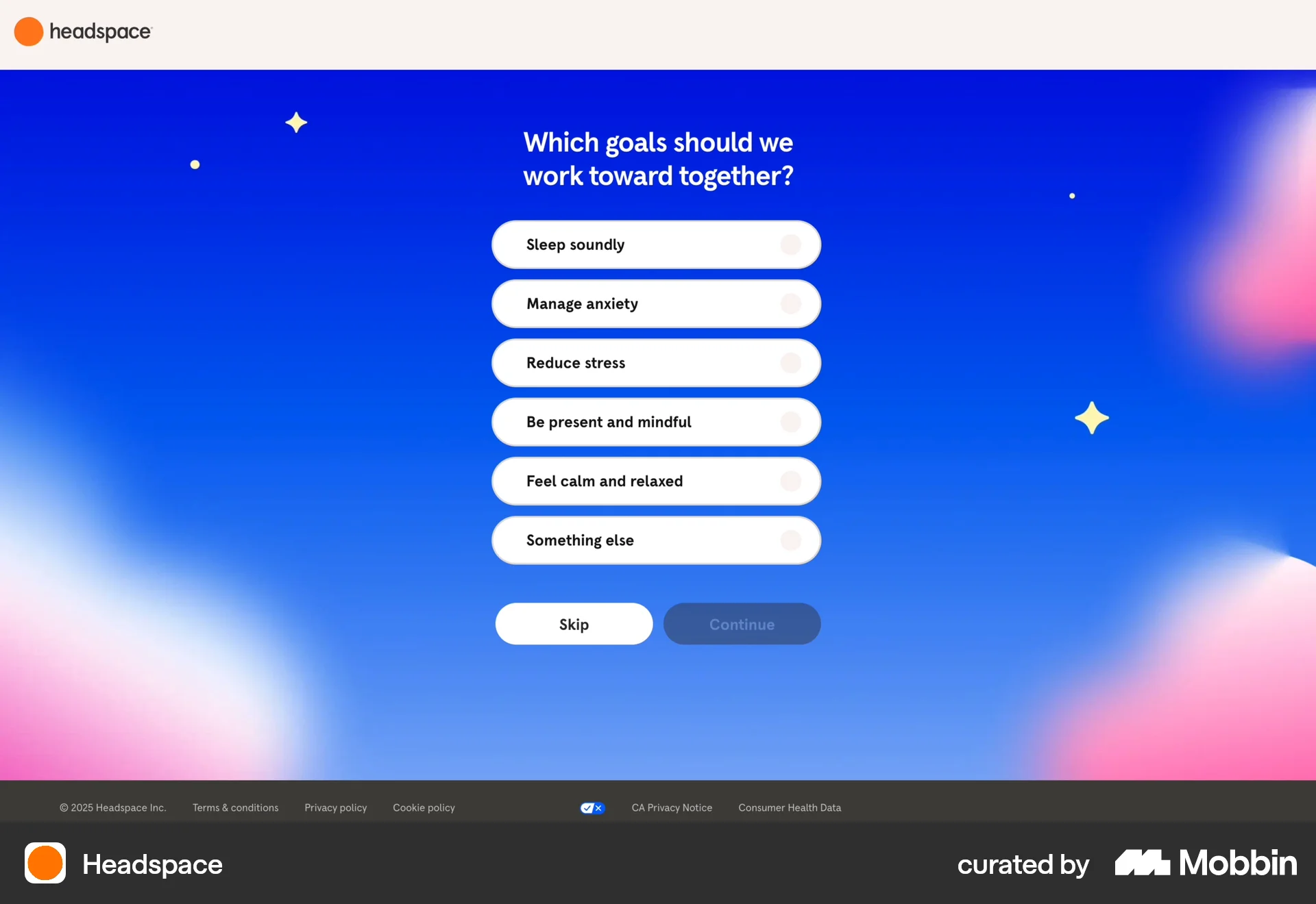 Headspace: Multi-select goals with a clear Skip and Continue.