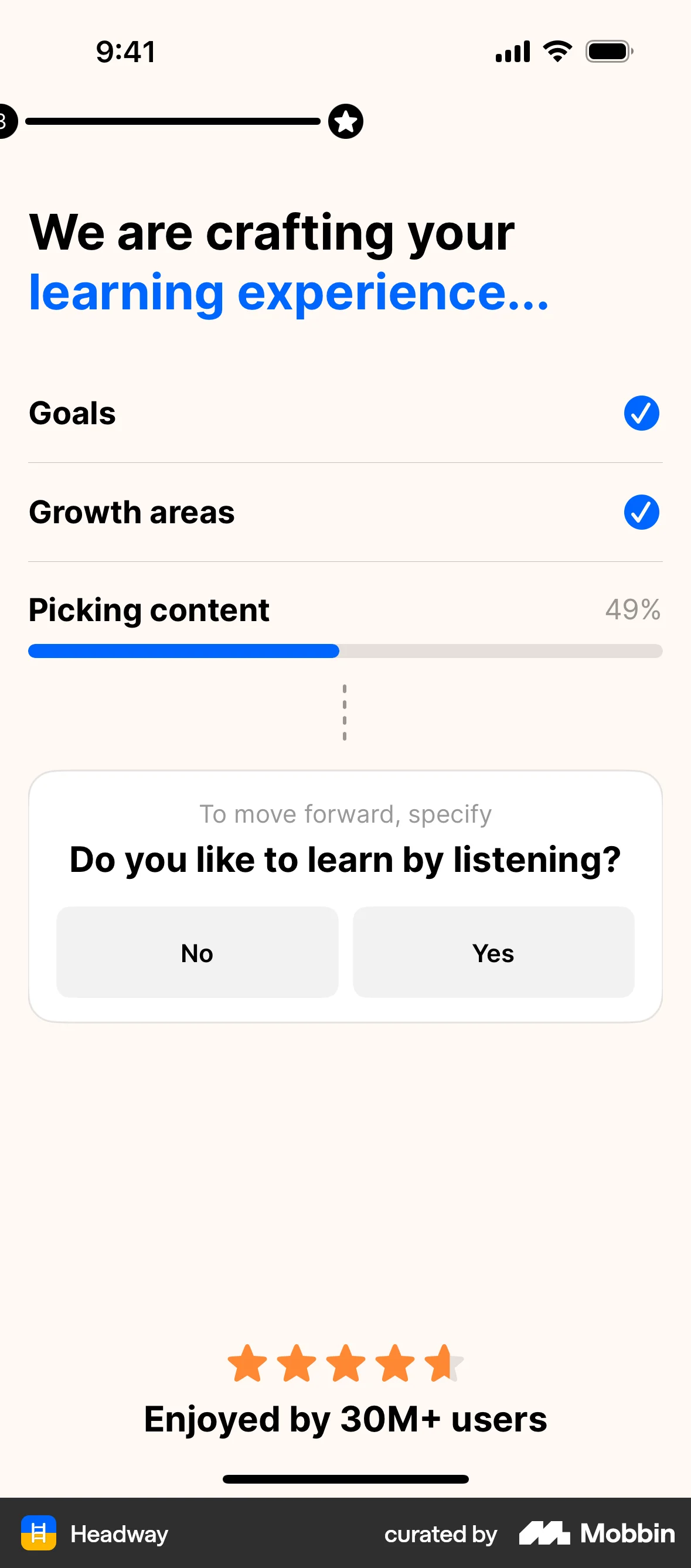 Headway: 'Crafting your experience' progress with one more question slipped in, plus a rating line.