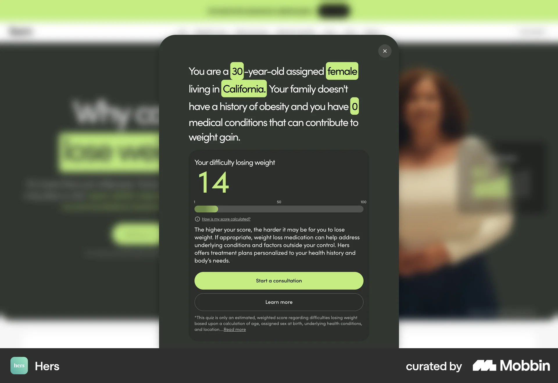Hers: The result restates your answers in a sentence, then shows a score and one CTA.