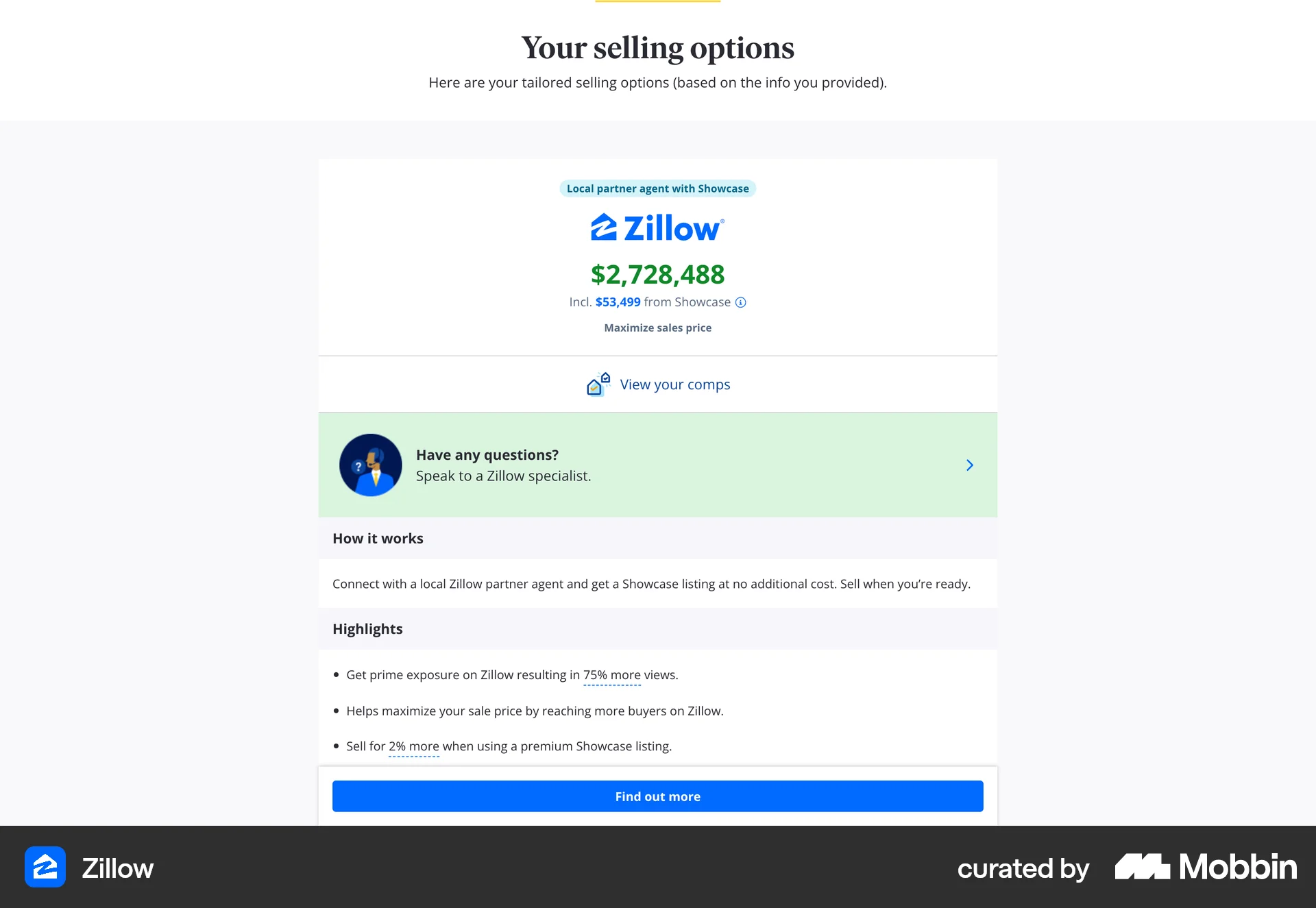 Zillow: Tailored options with a 'speak to a specialist' card right under the number.